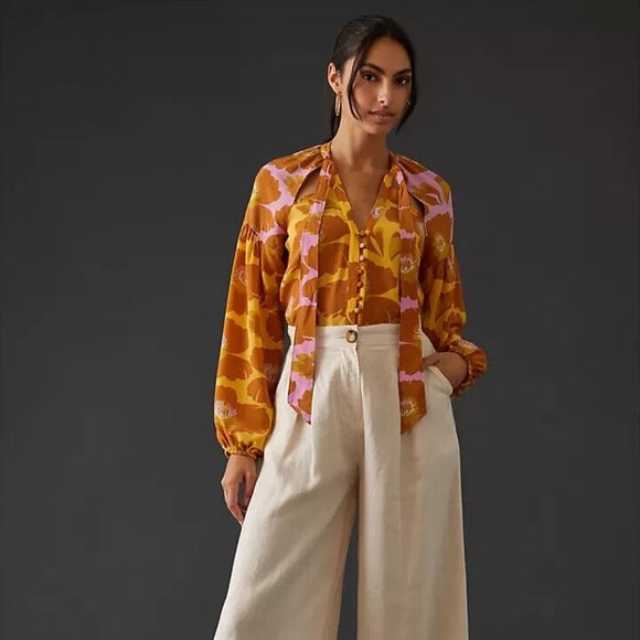 Anthropologie Maeve Tie-Neck Silk Blouse - Picture 1 of 14